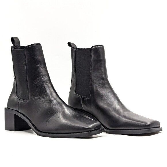 Aldo Women Ruth Black Leather Vintage Retro Square Toe Chelsea Boots size 8.5 - Picture 1 of 11